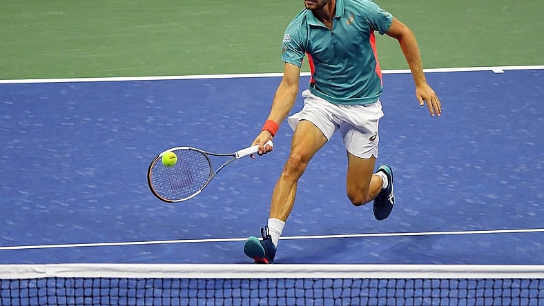 Sep 6, 2020; Flushing Meadows, New York, USA; David Goffin of Belgium hits the ball against  Denis Shapovalov of Canada on day seven of the 2020 U.S. Open tennis tournament at USTA Billie Jean King National Tennis Center. Mandatory Credit: Robert Deutsch-USA TODAY Sports