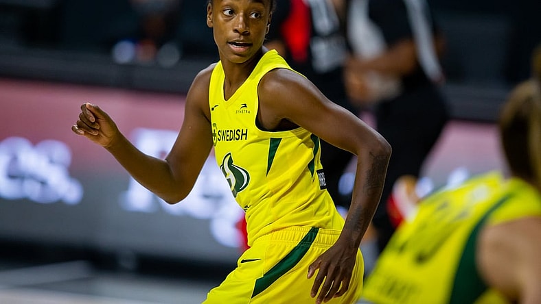 Oct 2, 2020; Bradenton, Florida, USA; Seattle Storm guard Jewell Loyd (24) runs back on defense during game 1 of the WNBA finals against the Las Vegas Aces at IMG Academy. Mandatory Credit: Mary Holt-USA TODAY Sports