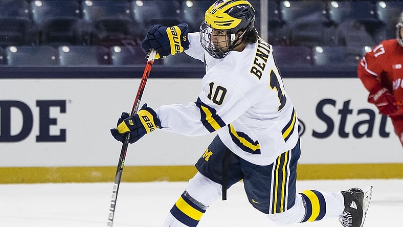 Mar 14, 2021; South Bend, IN, USA; Michigan's Matty Beniers (10) shoots during the Michigan vs. Ohio State Big Ten Hockey Tournament game Sunday, March 14, 2021 at the Compton Family Ice Arena in South Bend.  Mandatory Credit: Michael Caterina-USA TODAY Sports