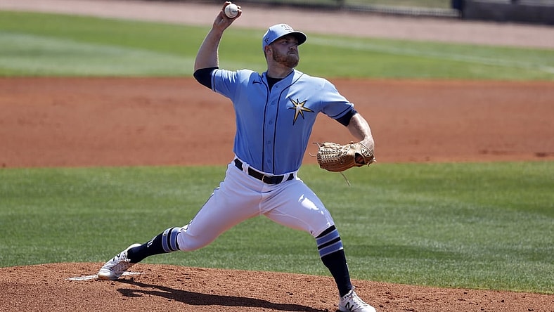 Mar 26, 2021; Port Charlotte, Florida, USA; Tampa Bay Rays pitcher David Hess (47) throws a pitch during the first inning against the Boston Red Sox at Charlotte Sports Park. Mandatory Credit: Kim Klement-USA TODAY Sports