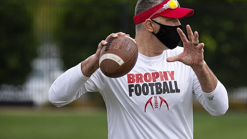 Brophy Prep quarterbacks coach Kurt Warner practices with players at the Brophy Sports Complex in Phoenix, Ariz. on April 26, 2021.

Brophy Football Practice April 26 2021