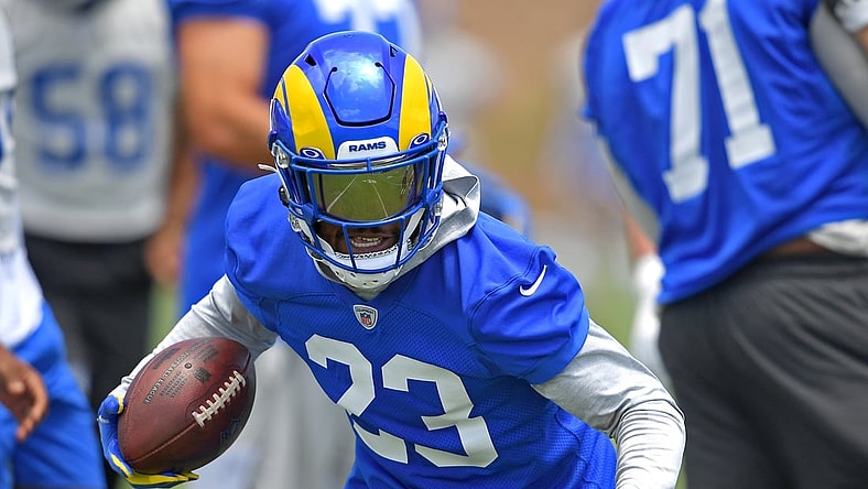 Jun 8, 2021; Thousand Oaks, CA, USA;   Los Angeles Rams running back Cam Akers (23) participates in drills during mini camp held at the practice facility at Cal State Lutheran. Mandatory Credit: Jayne Kamin-Oncea-USA TODAY Sports