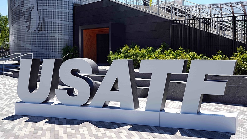 Jun 17, 2021; Eugene, Oregon, USA; The USATF letters logo outside of Hayward Field, the site of the 2021 US Olympic Team Trials.  Mandatory Credit: Kirby Lee-USA TODAY Sports