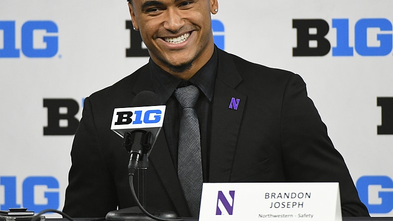 Jul 22, 2021; Indianapolis, Indiana, USA; Northwestern Wildcats safety Brandon Joseph speaks to the media during Big 10 media days at Lucas Oil Stadium. Mandatory Credit: Robert Goddin-USA TODAY Sports