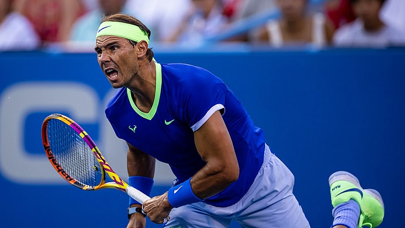 Aug 5, 2021; Washington, DC, USA; Rafael Nadal of Spain serves to Lloyd Harris of South Africa (not pictured) during the Citi Open at Rock Creek Park Tennis Center. Mandatory Credit: Scott Taetsch-USA TODAY Sports