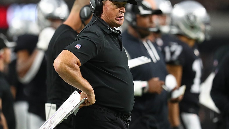 Sep 13, 2021; Paradise, Nevada, USA; Las Vegas Raiders head coach Jon Gruden watches game action against the Baltimore Ravens during the first half at Allegiant Stadium. Mandatory Credit: Mark J. Rebilas-USA TODAY Sports