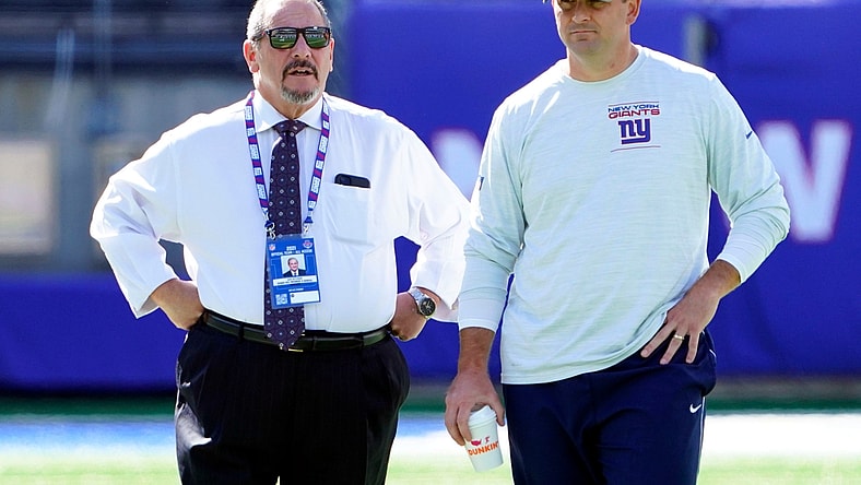 New York Giants general manager Dave Gettleman, left, and head coach Joe Judge talk on the field before the game at MetLife Stadium on Sunday, Sept. 26, 2021, in East Rutherford.
Nyg Vs Atl