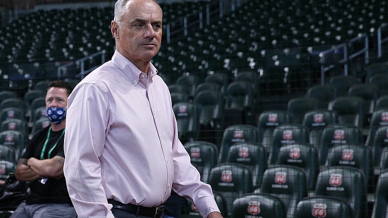 Oct 7, 2021; Houston, Texas, USA; MLB commissioner Rob Manfred in attendance before game one of the 2021 ALDS between the Houston Astros and the Chicago White Sox at Minute Maid Park. Mandatory Credit: Troy Taormina-USA TODAY Sports