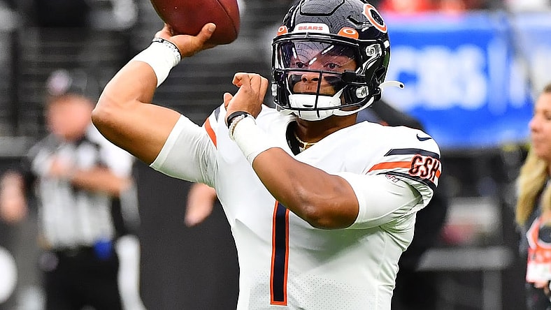Oct 10, 2021; Paradise, Nevada, USA;  Chicago Bears quarterback Justin Fields (1) warms up before a game against the Las Vegas Raiders at Allegiant Stadium. Mandatory Credit: Stephen R. Sylvanie-USA TODAY Sports
