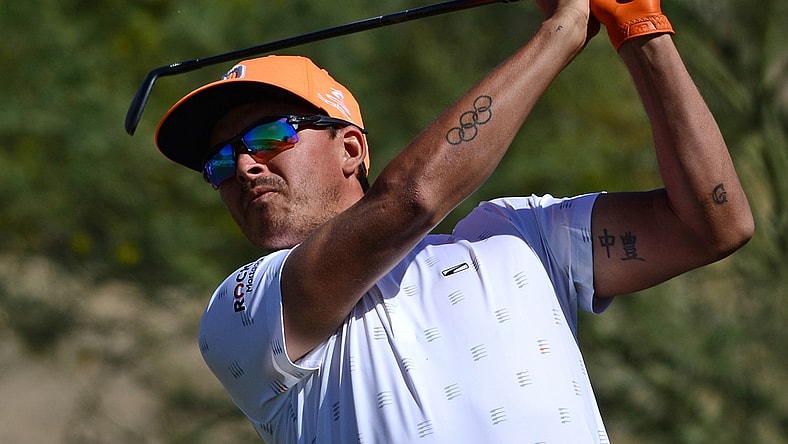 Oct 17, 2021; Las Vegas, Nevada, USA; Rickie Fowler tees off on the second during the final round of the CJ Cup golf tournament. Mandatory Credit: Joe Camporeale-USA TODAY Sports