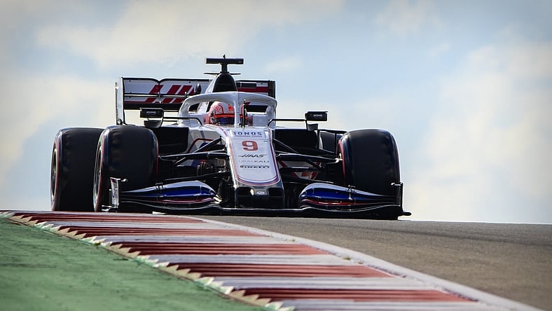 Oct 23, 2021; Austin, TX, USA; Uralkali Haas F1 Team driver Nikita Mazepin (9) of Russian Automobile Federation drives during the qualifying session for the United States Grand Prix at Circuit of the Americas. Mandatory Credit: Jerome Miron-USA TODAY Sports