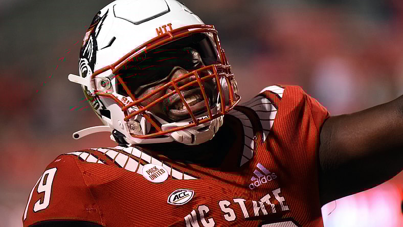 Oct 30, 2021; Raleigh, North Carolina, USA;  North Carolina State Wolfpack tackle Ikem Ekwonu (79) warms up prior to a game against the Louisville Cardinals at Carter-Finley Stadium. Mandatory Credit: Rob Kinnan-USA TODAY Sports