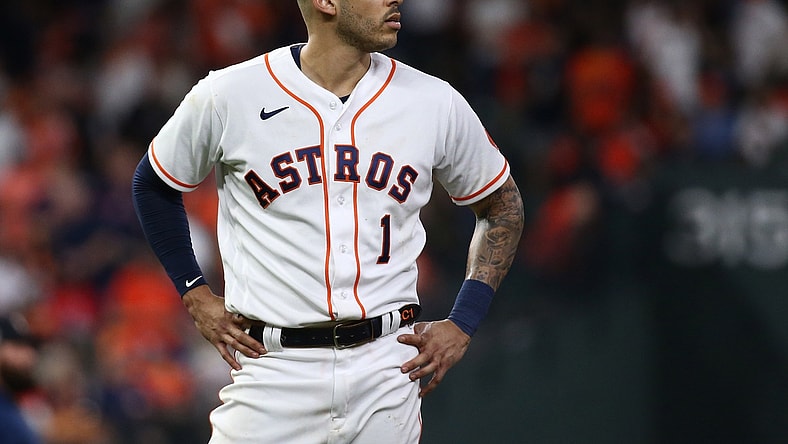Nov 2, 2021; Houston, TX, USA; Houston Astros shortstop Carlos Correa (1) reacts after striking out against the Atlanta Braves during the sixth inning in game six of the 2021 World Series at Minute Maid Park. Mandatory Credit: Troy Taormina-USA TODAY Sports