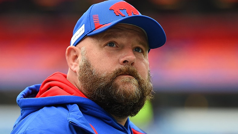 Oct 31, 2021; Orchard Park, New York, USA; Buffalo Bills offensive coordinator Brian Daboll prior to the game against the Miami Dolphins at Highmark Stadium. Mandatory Credit: Rich Barnes-USA TODAY Sports
