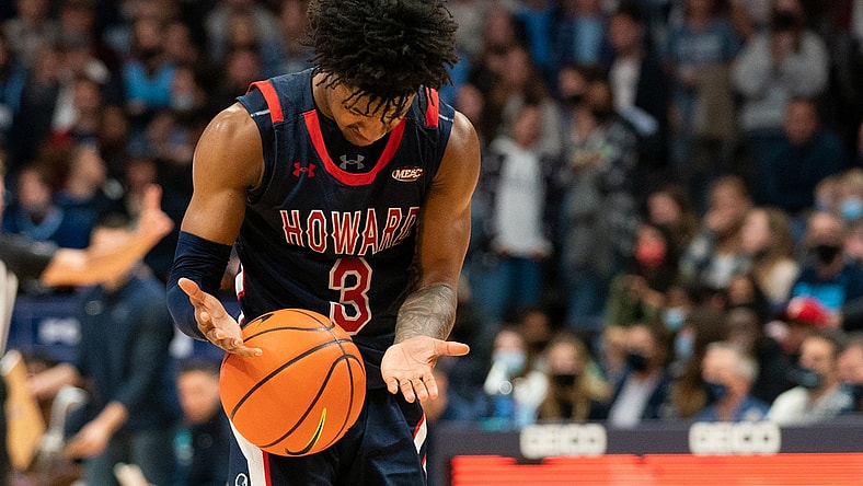 Nov 16, 2021; Villanova, Pennsylvania, USA; Howard Bison guard Elijah Hawkins (3) reacts after a foul against the Villanova Wildcats during the second half at William B. Finneran Pavilion. Mandatory Credit: Bill Streicher-USA TODAY Sports