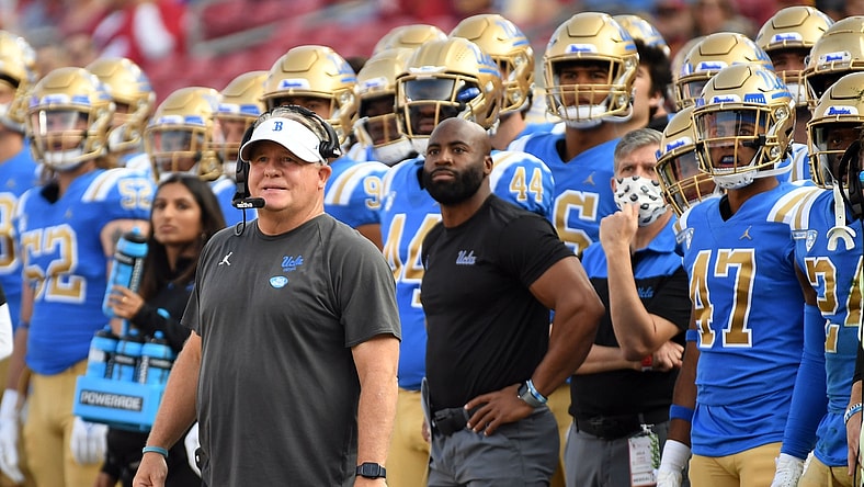 Nov 20, 2021; Los Angeles, California, USA; UCLA Bruins head coach Chip Kelly in the first half against the Southern California Trojans at the Los Angeles Memorial Coliseum. Mandatory Credit: Richard Mackson-USA TODAY Sports