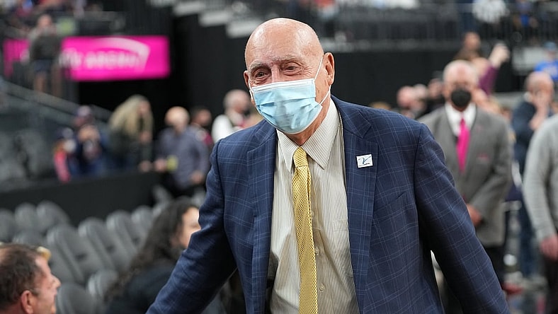 Nov 23, 2021; Las Vegas, Nevada, USA; College basketball commentator Dick Vitale greets fans as he makes his return to work a game between the Gonzaga Bulldogs and the UCLA Bruins at T-Mobile Arena. Mandatory Credit: Stephen R. Sylvanie-USA TODAY Sports