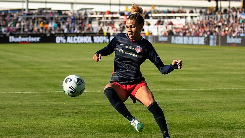 Nov 20, 2021; Louisville, Kentucky, USA; Washington Spirit forward Trinity Rodman (2) plays on the ball during the NWSL Championship match against the Chicago Red Stars at Lynn Family Stadium. Mandatory Credit: Jordan Prather-USA TODAY Sports