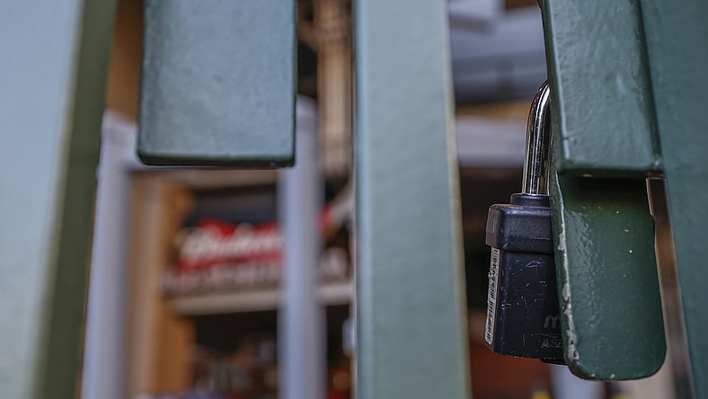 Dec 2, 2021; Chicago, IL, USA; Locked gate to Wrigley Field is seen on the first day of Major League Baseball lockout. Mandatory Credit: Kamil Krzaczynski-USA TODAY Sports