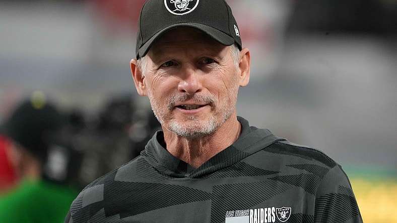 Dec 3, 2021; Las Vegas, NV, USA; Las Vegas Raiders general manager Mike Mayock reacts during the 2021 Pac-12 Championship Game at Allegiant Stadium. Mandatory Credit: Kirby Lee-USA TODAY Sports