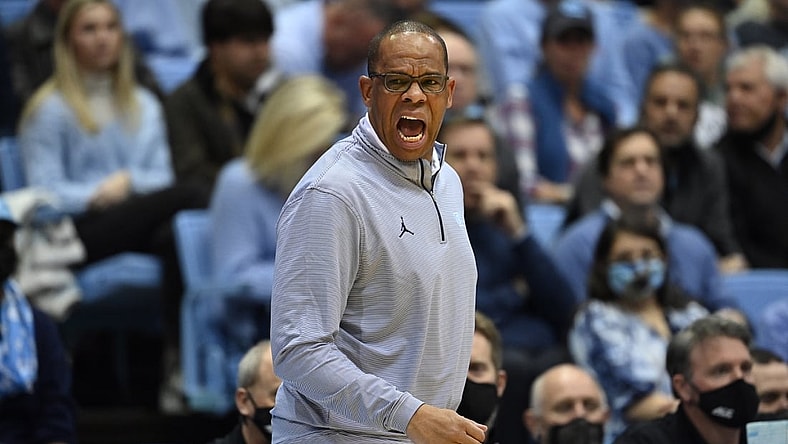 Dec 14, 2021; Chapel Hill, North Carolina, USA;  North Carolina Tar Heels head coach Hubert Davis reacts in the first half at Dean E. Smith Center. Mandatory Credit: Bob Donnan-USA TODAY Sports