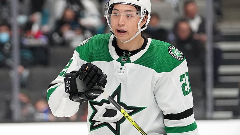 Dec 11, 2021; San Jose, California, USA; Dallas Stars left wing Jason Robertson (21) talks during the second period against the San Jose Sharks at SAP Center at San Jose. Mandatory Credit: Darren Yamashita-USA TODAY Sports