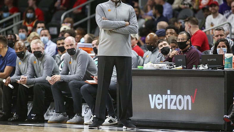 Dec 17, 2021; Atlanta, Georgia, USA; Atlanta Hawks hawks head coach Nate McMillan on the sideline against the Denver Nuggets in the second half at State Farm Arena. Mandatory Credit: Brett Davis-USA TODAY Sports