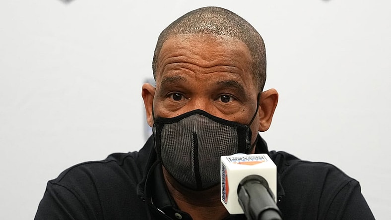 Dec 18, 2021; Las Vegas, Nevada, USA; North Carolina Tar Heels head coach Hubert Davis talks to the media after the Tar Heels were defeated by the Kentucky Wildcats 98-69 at T-Mobile Arena. Mandatory Credit: Stephen R. Sylvanie-USA TODAY Sports