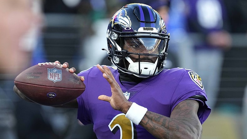 Dec 19, 2021; Baltimore, Maryland, USA; Baltimore Ravens quarterback Tyler Huntley (2) warms up prior to the game against the Green Bay Packers at M&T Bank Stadium. Mandatory Credit: Mitch Stringer-USA TODAY Sports