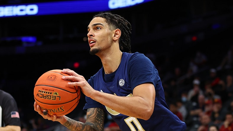 Dec 18, 2021; Phoenix, Arizona, USA; Georgia Tech Yellow Jackets guard Michael Devoe (0) against the Southern California Trojans during the Colangelo Classic at Footprint Center. Mandatory Credit: Mark J. Rebilas-USA TODAY Sports