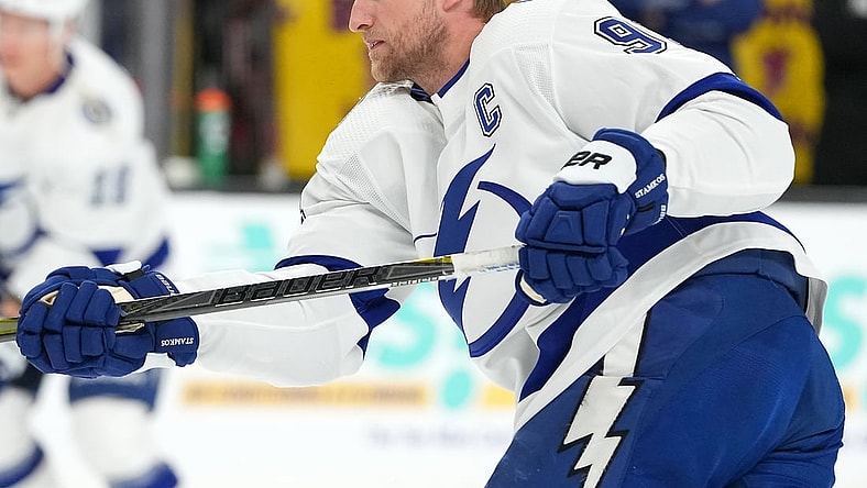 Dec 21, 2021; Las Vegas, Nevada, USA; Tampa Bay Lightning center Steven Stamkos (91) warms up before the start of a game against the Vegas Golden Knights at T-Mobile Arena. Mandatory Credit: Stephen R. Sylvanie-USA TODAY Sports