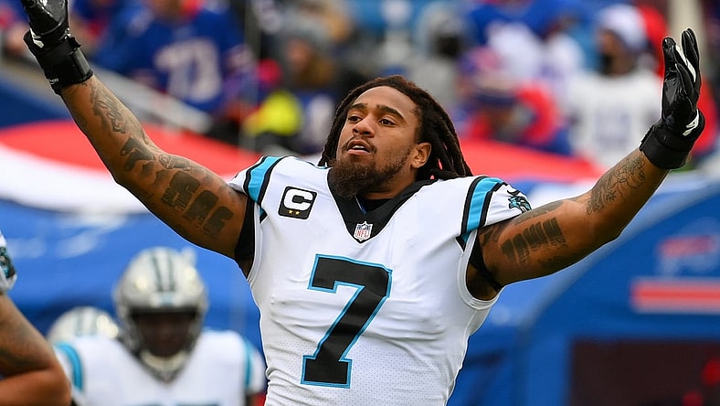 Dec 19, 2021; Orchard Park, New York, USA; Carolina Panthers outside linebacker Shaq Thompson (7) gestures to the crowd prior to the game against the Buffalo Bills at Highmark Stadium. Mandatory Credit: Rich Barnes-USA TODAY Sports