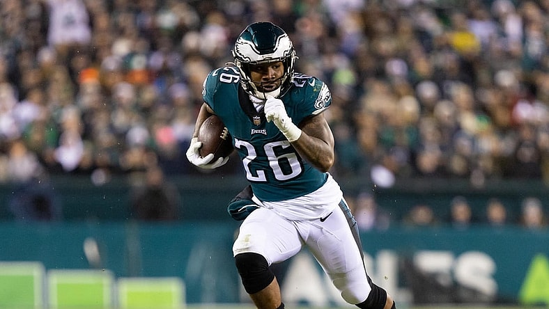Dec 21, 2021; Philadelphia, Pennsylvania, USA; Philadelphia Eagles running back Miles Sanders (26) in action against the Washington Football Team at Lincoln Financial Field. Mandatory Credit: Bill Streicher-USA TODAY Sports