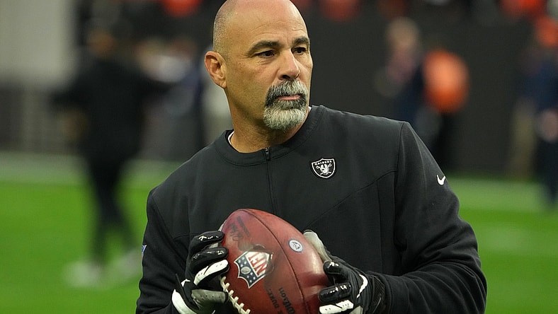 Dec 26, 2021; Paradise, Nevada, USA; Las Vegas Raiders interim coach Rich Bisaccia reacts during the game against the Denver Broncos Allegiant Stadium. Mandatory Credit: Kirby Lee-USA TODAY Sports