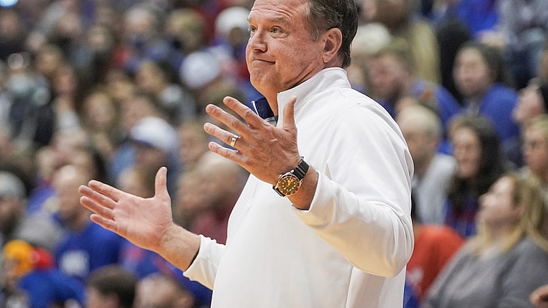Jan 1, 2022; Lawrence, Kansas, USA; Kansas Jayhawks head coach Bill Self reacts to play against the George Mason Patriots  during the first half at Allen Fieldhouse. Mandatory Credit: Denny Medley-USA TODAY Sports