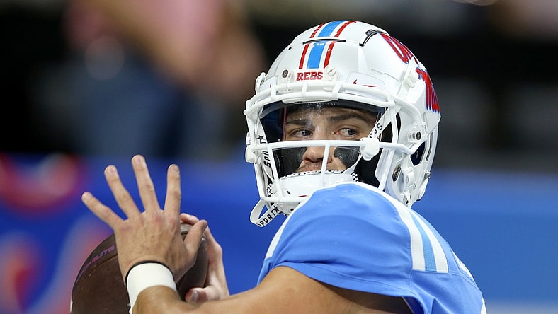 Jan 1, 2022; New Orleans, LA, USA; Mississippi Rebels quarterback Matt Corral (2) warms up before the 2022 Sugar Bowl against the Baylor Bears at the Caesars Superdome. Mandatory Credit: Chuck Cook-USA TODAY Sports