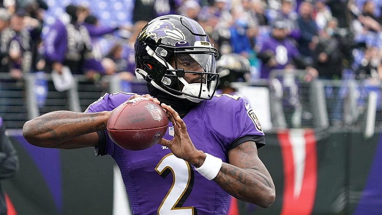 Jan 2, 2022; Baltimore, Maryland, USA; Baltimore Ravens quarterback Tyler Huntley (2) warms up prior to the game against the Los Angeles Rams at M&T Bank Stadium. Mandatory Credit: Mitch Stringer-USA TODAY Sports