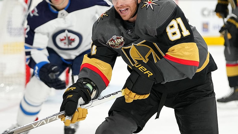 Jan 2, 2022; Las Vegas, Nevada, USA; Vegas Golden Knights center Jonathan Marchessault (81) is pictured during the second period against the Winnipeg Jets at T-Mobile Arena. Mandatory Credit: Stephen R. Sylvanie-USA TODAY Sports