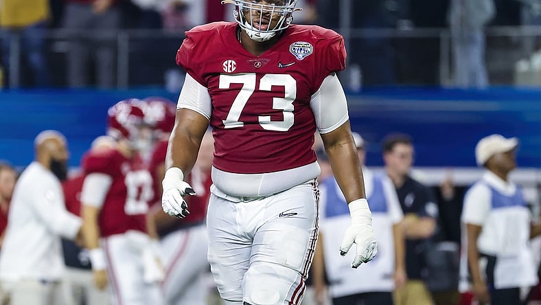 Dec 31, 2021; Arlington, Texas, USA; Alabama Crimson Tide offensive lineman Evan Neal (73) in action during the game against the Cincinnati Bearcats in the 2021 Cotton Bowl college football CFP national semifinal game at AT&T Stadium. Mandatory Credit: Kevin Jairaj-USA TODAY Sports