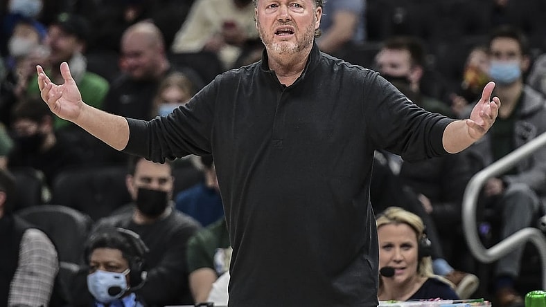 Jan 3, 2022; Milwaukee, Wisconsin, USA;  Milwaukee Bucks head coach Mike Budenholzer reacts during the game against the Detroit Pistons at Fiserv Forum. Mandatory Credit: Benny Sieu-USA TODAY Sports