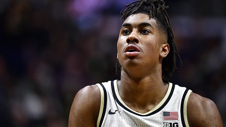 Jan 3, 2022; West Lafayette, Indiana, USA;  Purdue Boilermakers guard Jaden Ivey (23) prepares to shoot a free throw during the second half against the Wisconsin Badgers at Mackey Arena. Badgers won 74-69. Mandatory Credit: Marc Lebryk-USA TODAY Sports