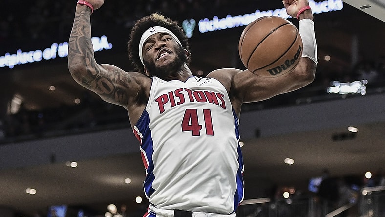 Jan 3, 2022; Milwaukee, Wisconsin, USA; Detroit Pistons forward Saddiq Bey (41) dunks a basket in the third quarter during the game against the Milwaukee Bucks at Fiserv Forum. Mandatory Credit: Benny Sieu-USA TODAY Sports