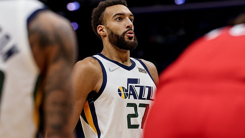 Jan 3, 2022; New Orleans, Louisiana, USA;  Utah Jazz center Rudy Gobert (27) prepares to shoot a free throw against the New Orleans Pelicans during the second half at the Smoothie King Center. Mandatory Credit: Stephen Lew-USA TODAY Sports