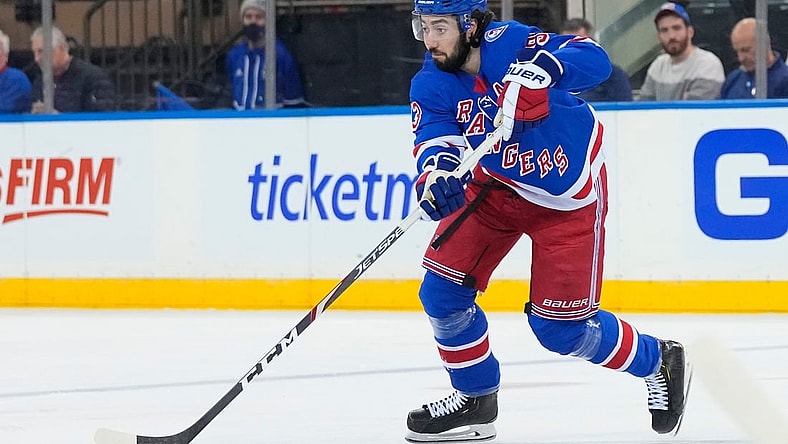 Jan 2, 2022; New York, New York, USA; New York Rangers center Mika Zibanejad (93) skates with the puck during the first period against the Tampa Bay Lightning at Madison Square Garden. Mandatory Credit: Gregory Fisher-USA TODAY Sports