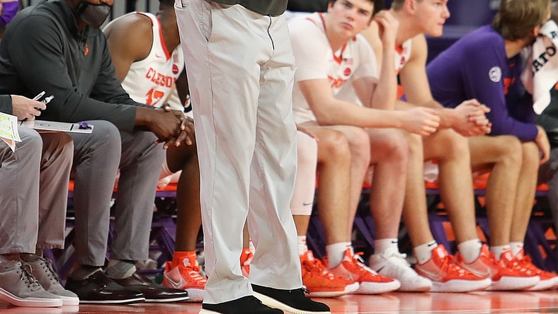 Jan 4, 2022; Clemson, South Carolina, USA; Clemson Tigers head coach Brad Brownell reacts during the second half against the Virginia Cavaliers at Littlejohn Coliseum. Mandatory Credit: Dawson Powers-USA TODAY Sports