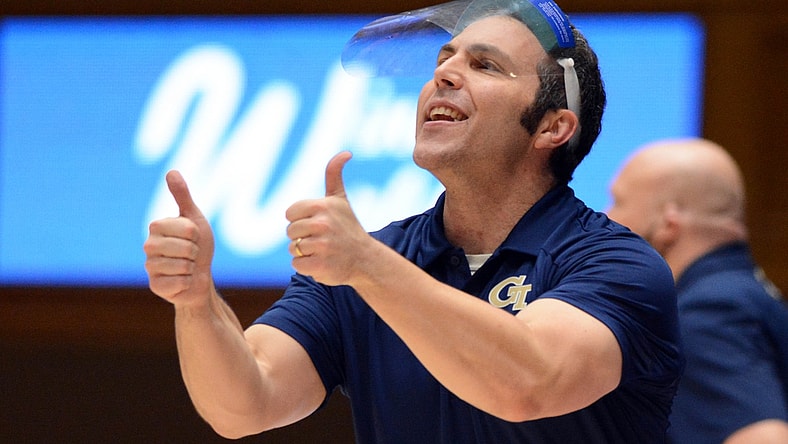 Jan 4, 2022; Durham, North Carolina, USA; Georgia Tech Yellow Jackets head coach Josh Pastner gestures towards a player during the second half against the Duke Blue Devils at Cameron Indoor Stadium. Mandatory Credit: Rob Kinnan-USA TODAY Sports