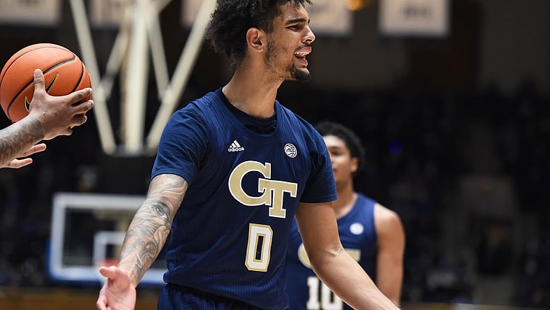 Jan 4, 2022; Durham, North Carolina, USA; Georgia Tech Yellow Jackets guard Michael Devoe (0) reacts to a call during the second half against the Duke Blue Devils at Cameron Indoor Stadium. Mandatory Credit: Rob Kinnan-USA TODAY Sports
