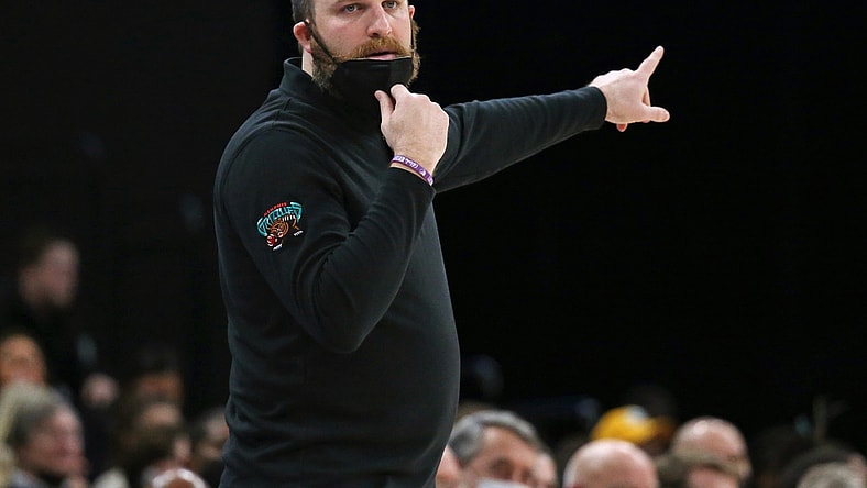 Jan 6, 2022; Memphis, Tennessee, USA; Memphis Grizzles head coach Taylor Jenkins gives direction during the first half against the Detroit Pistons at FedExForum. Mandatory Credit: Petre Thomas-USA TODAY Sports