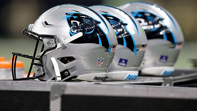 Jan 2, 2022; New Orleans, Louisiana, USA; Carolina Panthers helmets on the sidelines in the second quarter of their game against the Carolina Panthers at the Caesars Superdome. Mandatory Credit: Chuck Cook-USA TODAY Sports