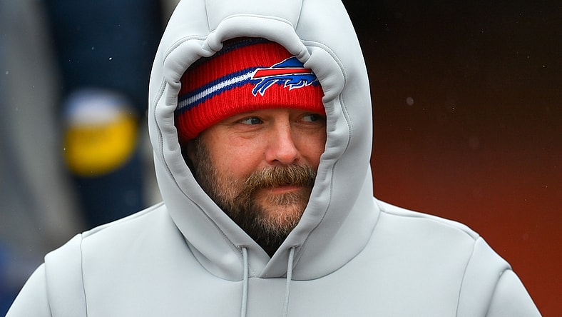 Jan 2, 2022; Orchard Park, New York, USA; Buffalo Bills offensive coordinator Brian Daboll prior to the game against the Atlanta Falcons at Highmark Stadium. Mandatory Credit: Rich Barnes-USA TODAY Sports